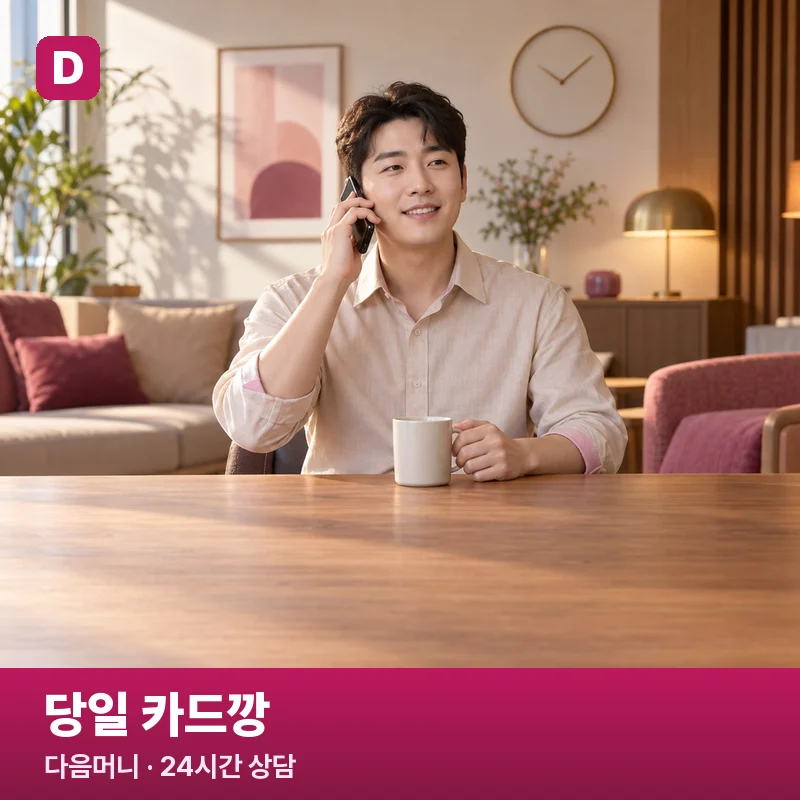 당일 카드깡 — 커피잔 옆에서 통화하는 상담원 사진